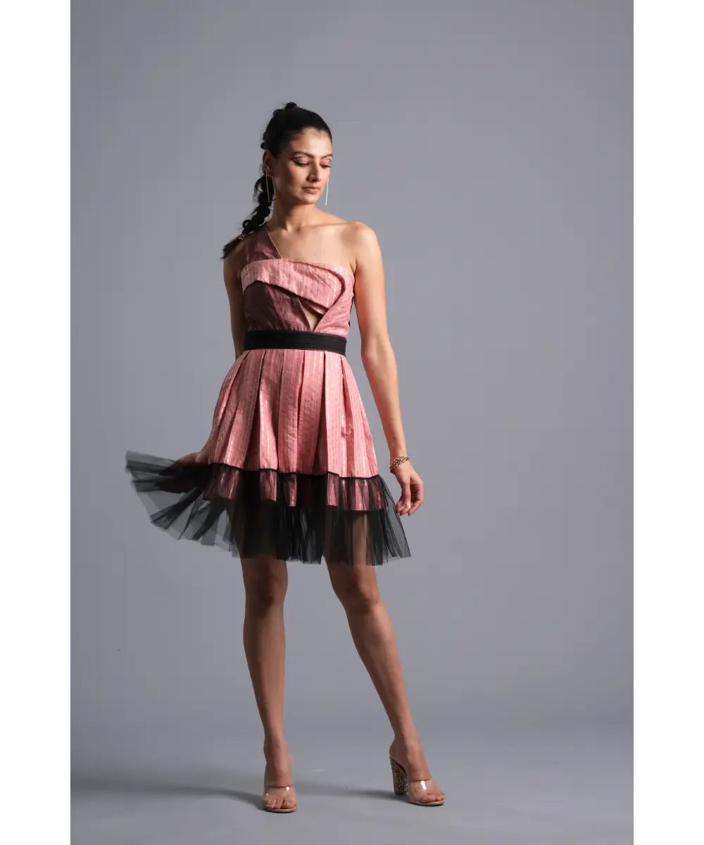 AASTHA SOOD - Rose pink Geometric Brocade Dress